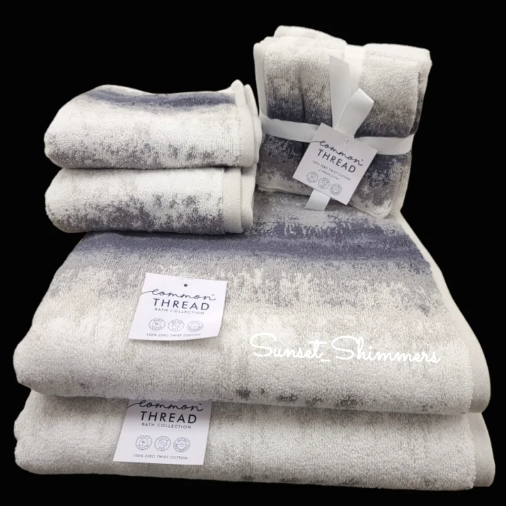 8pc COMMON THREAD 100% Zero Twist Cotton Bath Towel Set Grays / White New